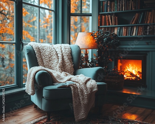 Cozy autumn armchair by fireplace, library bookshelves, fall foliage view