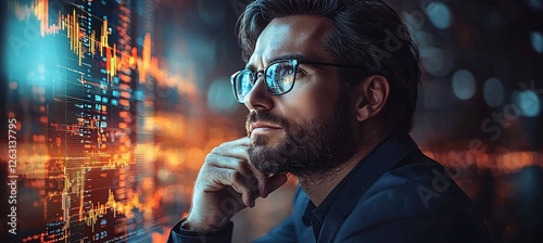 A professional investor or financial analyst observes fluctuating stock market charts with intense focus. The glowing data visualizations reflect off their glasses, symbolizing insight and strategy