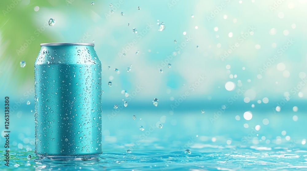 A can of soda floating in the water, refreshing summer treat refreshing