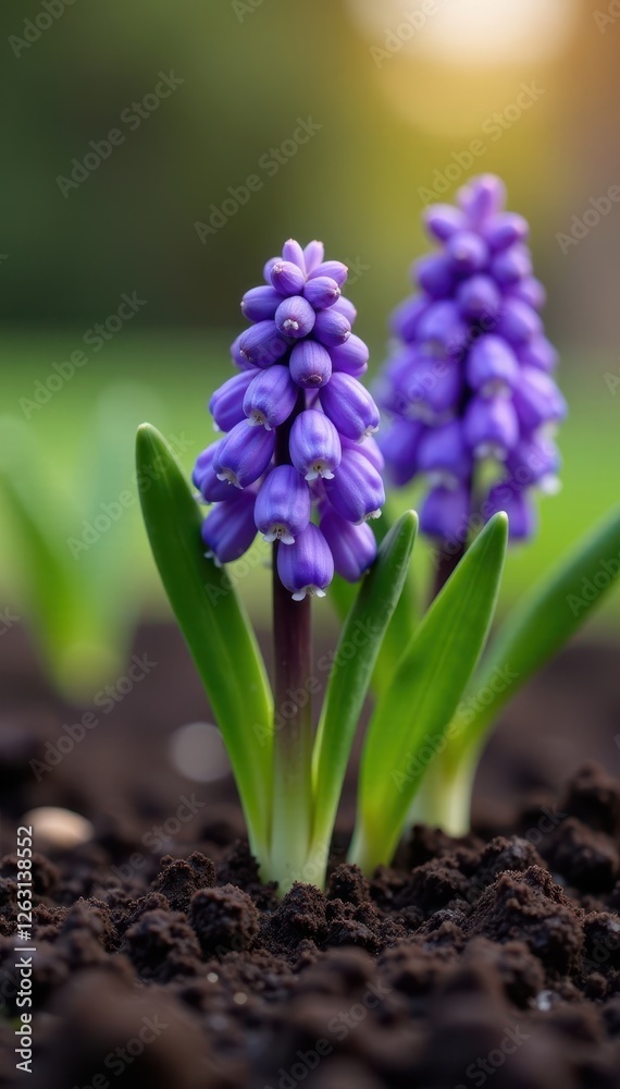 Fototapeta premium Close-up of freshly planted hyacinths emerging from the soil , blossom, emerging