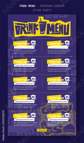 Drink menu design for ramadan iftar party with arabic typography in purple cartoon design