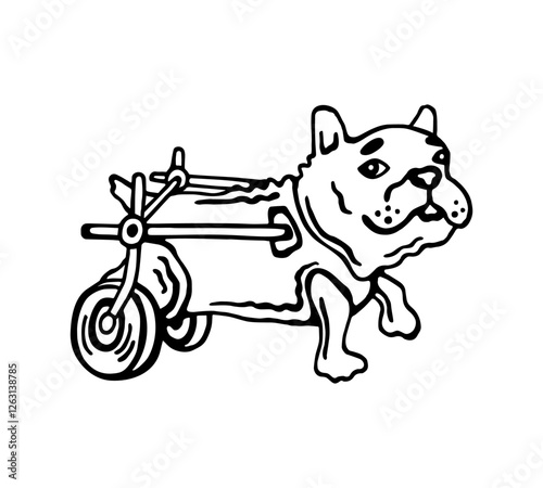 Old injured dog moves slowly, equipped and fixed with a wheelchair on its hind legs, has surgery on its right front paw and looks sadly to the right