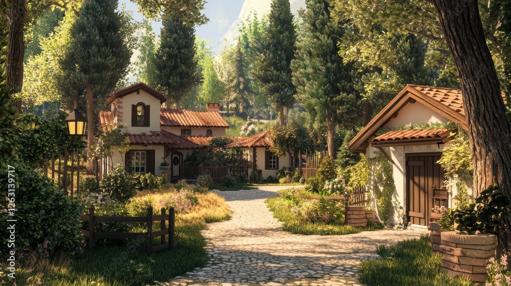 3D Rural Town with Stone Pathways 3D Rural Town with Stone Pathways