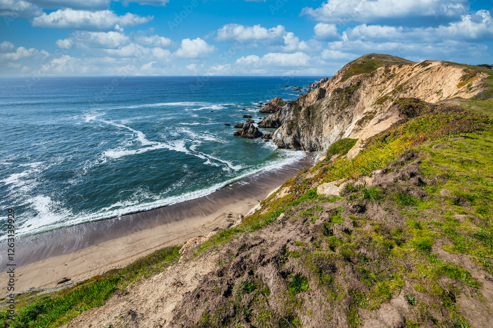 Breathtaking aerial view of Point Reyes, California, showcasing dramatic coastal cliffs surrounded by the Pacific Ocean. A stunning destination for nature lovers, photographers, and outdoor Breathtaking aerial view of Point Reyes, California, showcasing dramatic coastal cliffs surrounded by the Pacific Ocean. A stunning destination for nature lovers, photographers, and outdoor