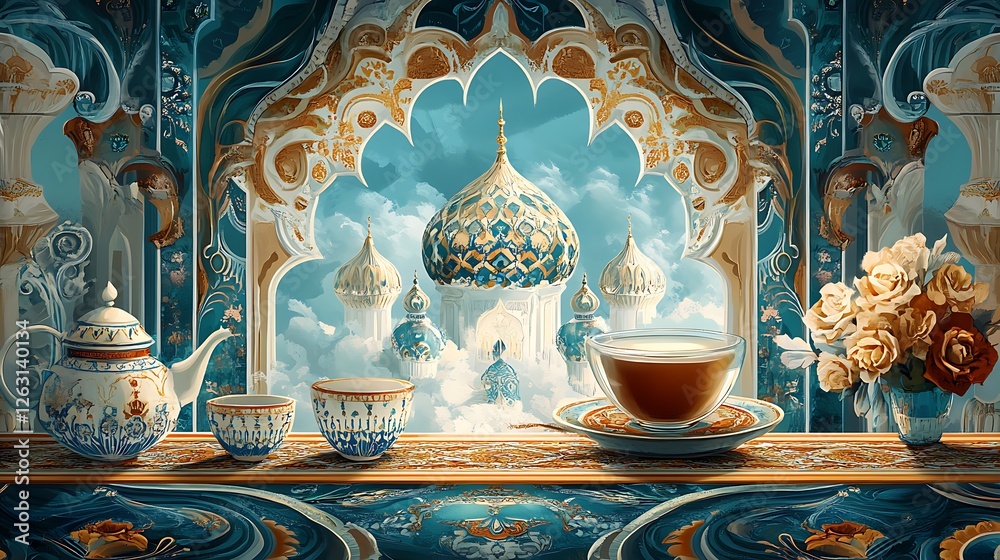 Obraz premium Serene Tea Time: Digital Painting of an Ornate Setting with a Dreamlike Cityscape AI Generated