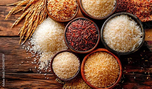 Bowls with many types of rice on a wooden table. Top view.
