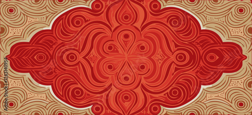 Red traditional ornament background, with golden details, vector illustration.