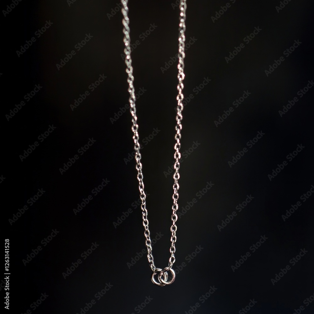 Silver chain necklace with interlocking rings on black background Silver chain necklace with interlocking rings on black background