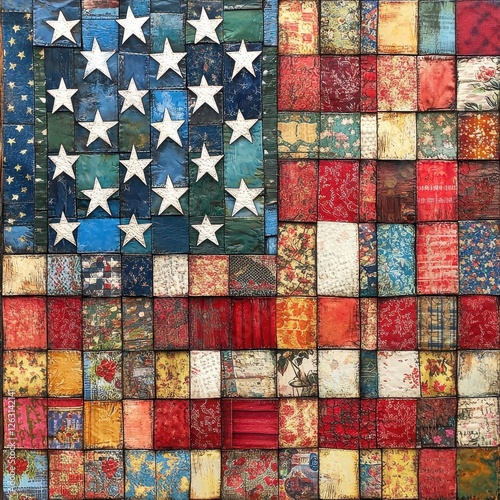 American flag made from fabric squares and white stars
