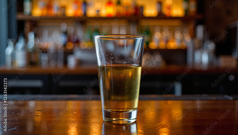 Empty shot glass on wooden bar counter in cozy evening light, bar atmosphere Empty shot glass on wooden bar counter in cozy evening light, bar atmosphere