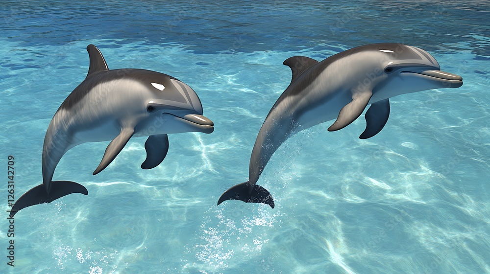 Fototapeta premium Playful dolphins jumping in the ocean, clear blue water, ultra