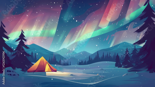 vibrant campsite in snow under stunning aurora borealis