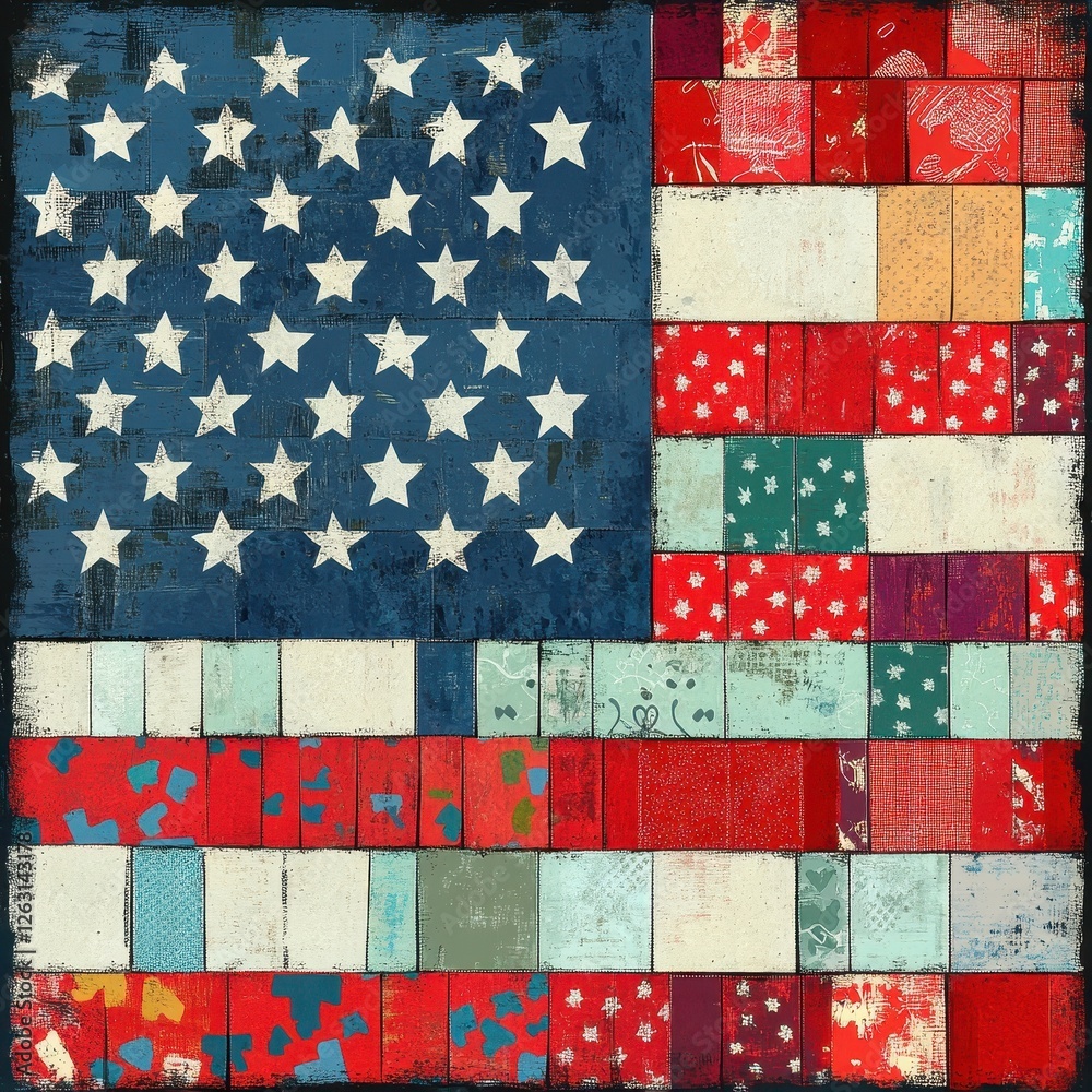American flag constructed from uniquely patterned and textured rectangles American flag constructed from uniquely patterned and textured rectangles
