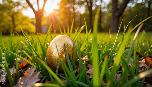 Golden Easter egg hidden in grass at sunrise, festive symbolism