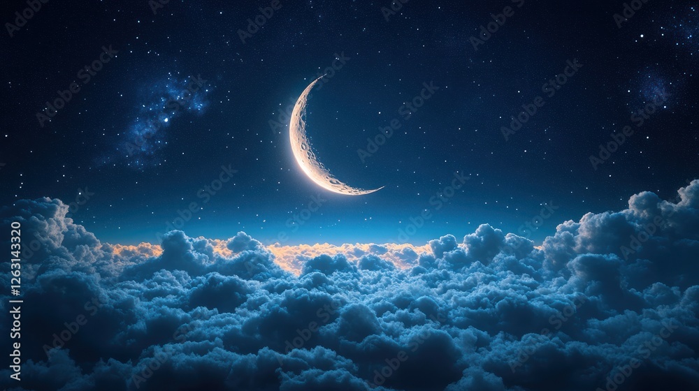 Fototapeta premium Crescent Moon Above a Sea of Night Clouds and Stars