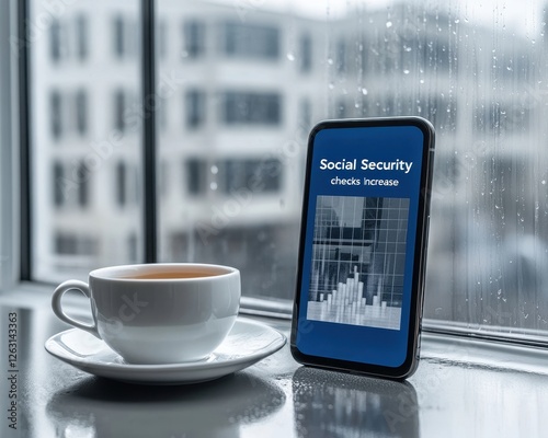 Social Security checks increase concepts. A smartphone displaying financial data beside a cup of coffee on a rainy day.