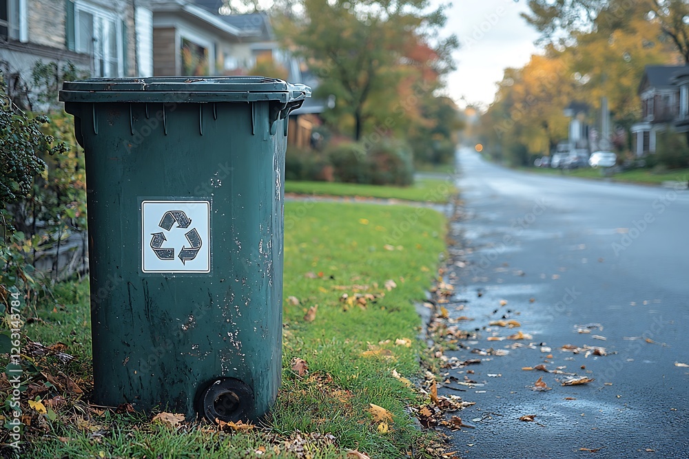 Green Recycling Bin on a Residential Street in Autumn Green Recycling Bin on a Residential Street in Autumn