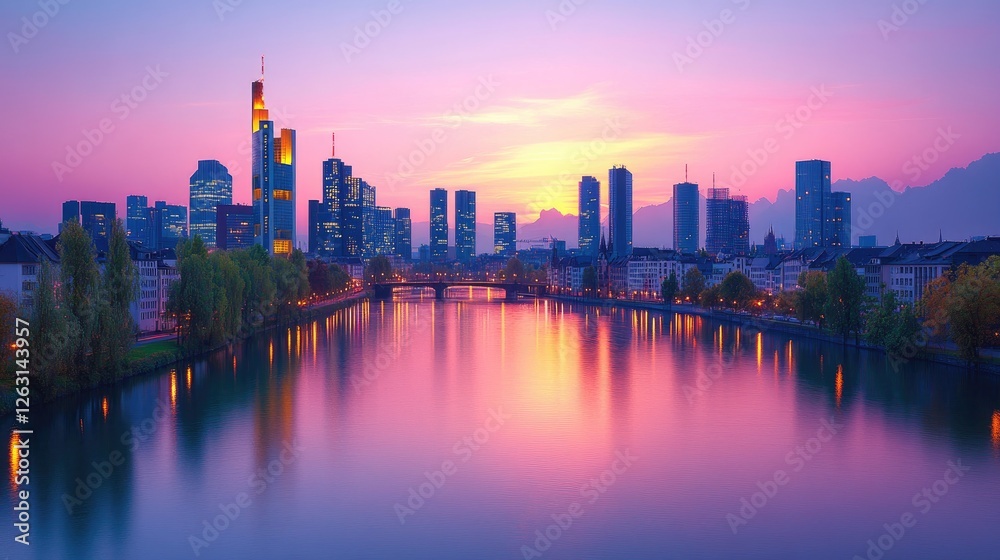 Fototapeta premium Frankfurt Skyline Sunset River Reflection Cityscape