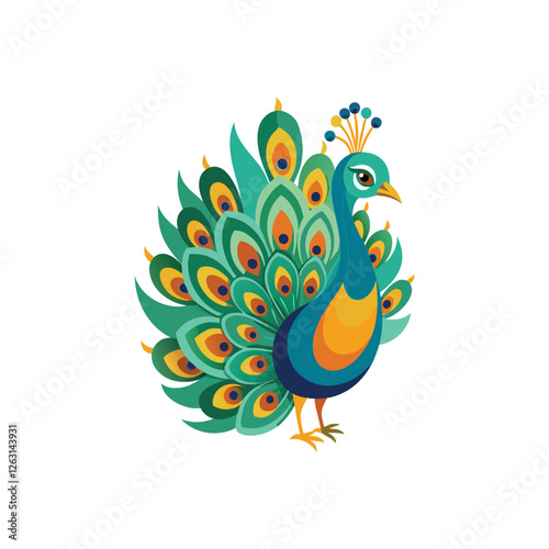Elegant Peacock Vector Illustration with Colorful Feather Display on White Background