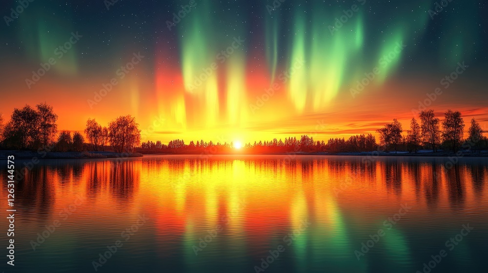 Serene Sunset Aurora Over Calm Lake And Trees Serene Sunset Aurora Over Calm Lake And Trees