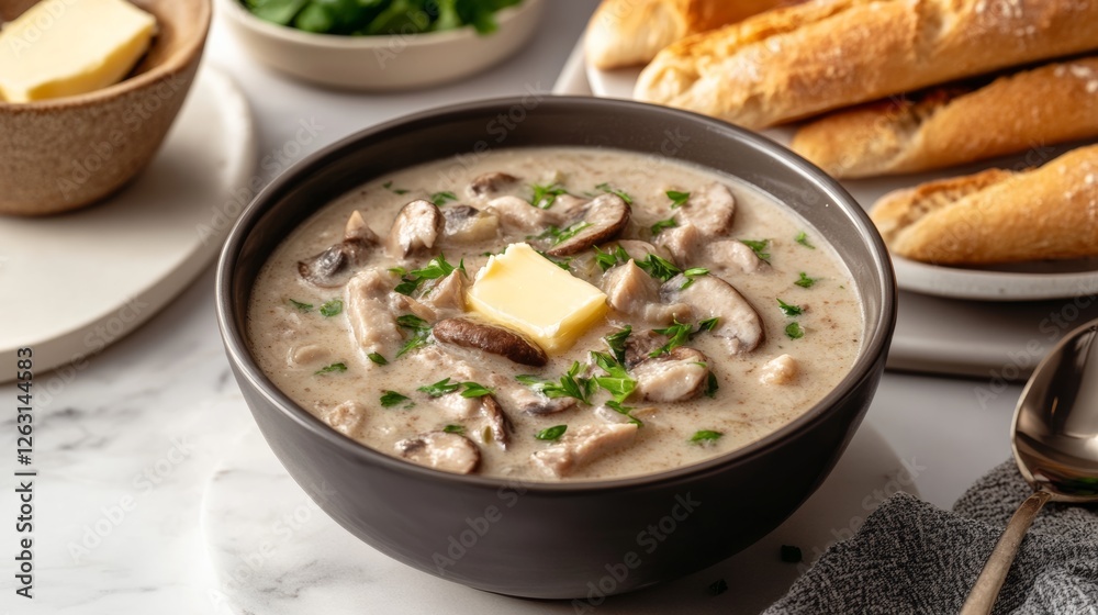 Pork and mushroom soup served with artisanal breadsticks and fresh butter, placed on a modern marble table, Pork and mushroom soup served with artisanal breadsticks and fresh butter, placed on a modern marble table,