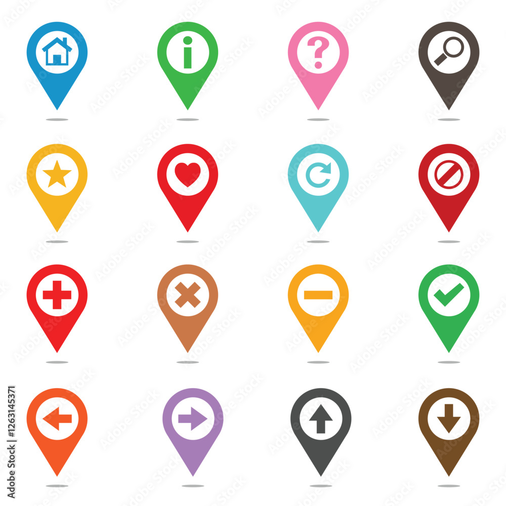 Pin Map Icon Set, Random Location Shapes With Directional Arrows
