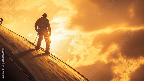 Worker Silhouette on Rooftop at Sunset Against Dramatic Sky