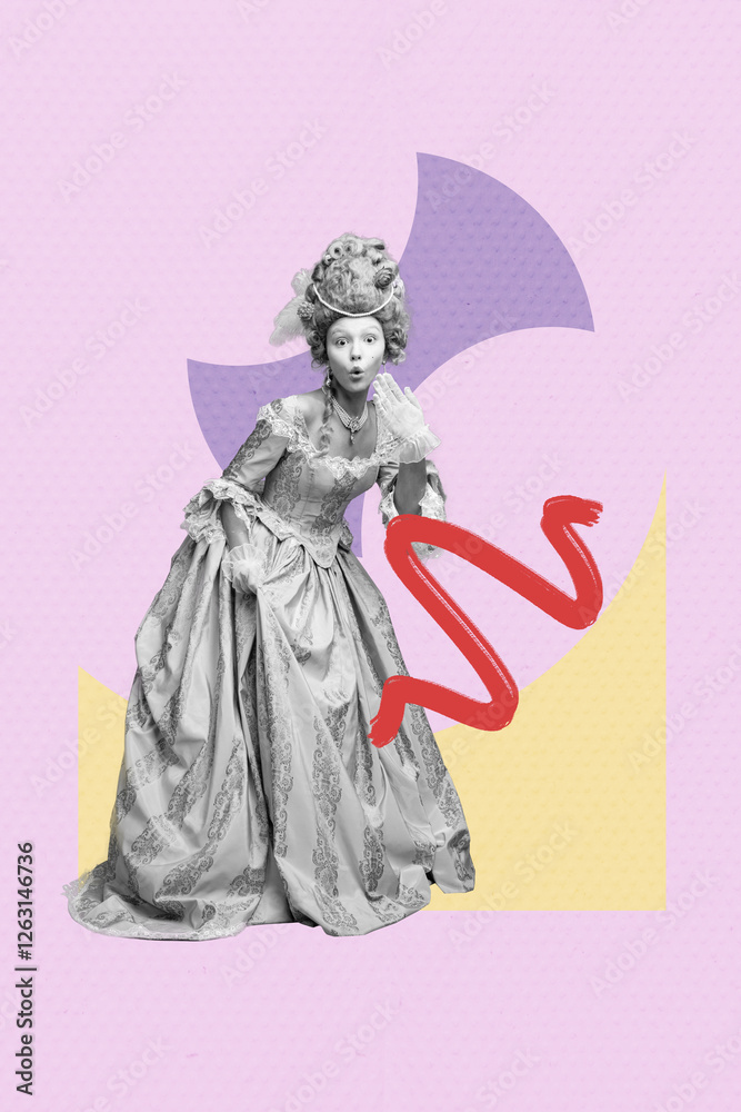 Obraz premium Composite image montage trend artwork collage of young woman kiss face grimace shocked rococo fashion historical portrait feather dress