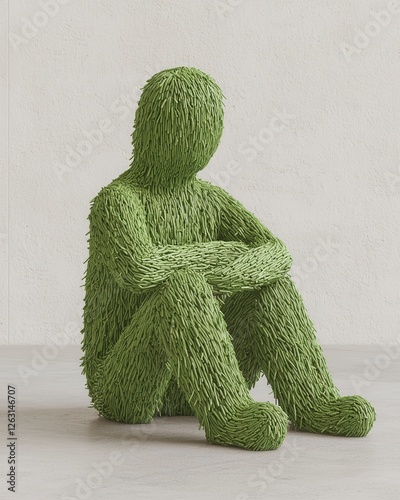 Emotional sculpture of a green figure art studio contemporary artwork minimalist environment close-up perspective photo