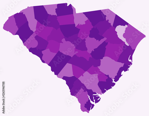 Map of South Carolina with counties. Just a simple state border map with county division. Purple color palette. Flat State of South Carolina shape with administrative division. Vector illustration.