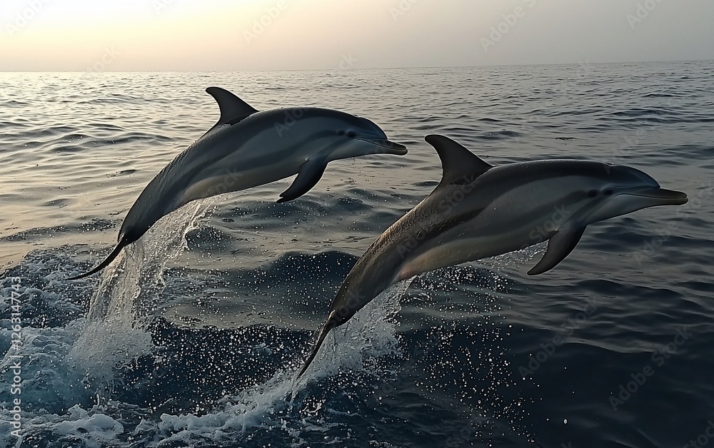 Fototapeta premium Dolphins leaping, ocean sunset, wildlife, nature, stock photo