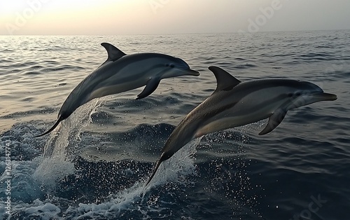 Dolphins leaping, ocean sunset, wildlife, nature, stock photo photo