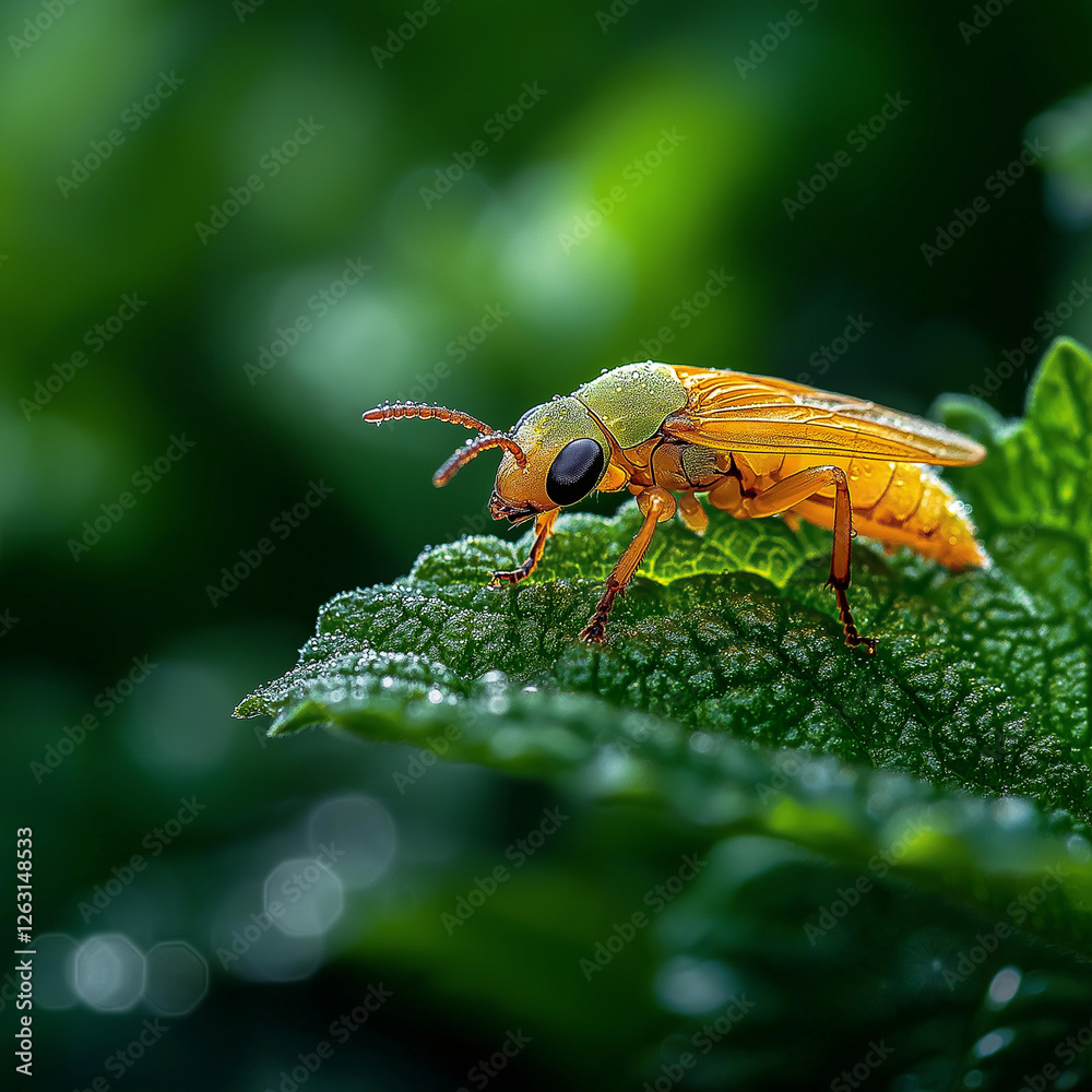 vibrant Firefly on green leaf with dew drops vibrant Firefly on green leaf with dew drops