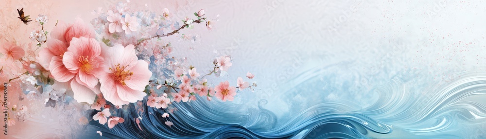 Traditional Japanese wave motifs intertwined with floral accents, soft pastel gradients, calming and delicate Traditional Japanese wave motifs intertwined with floral accents, soft pastel gradients, calming and delicate