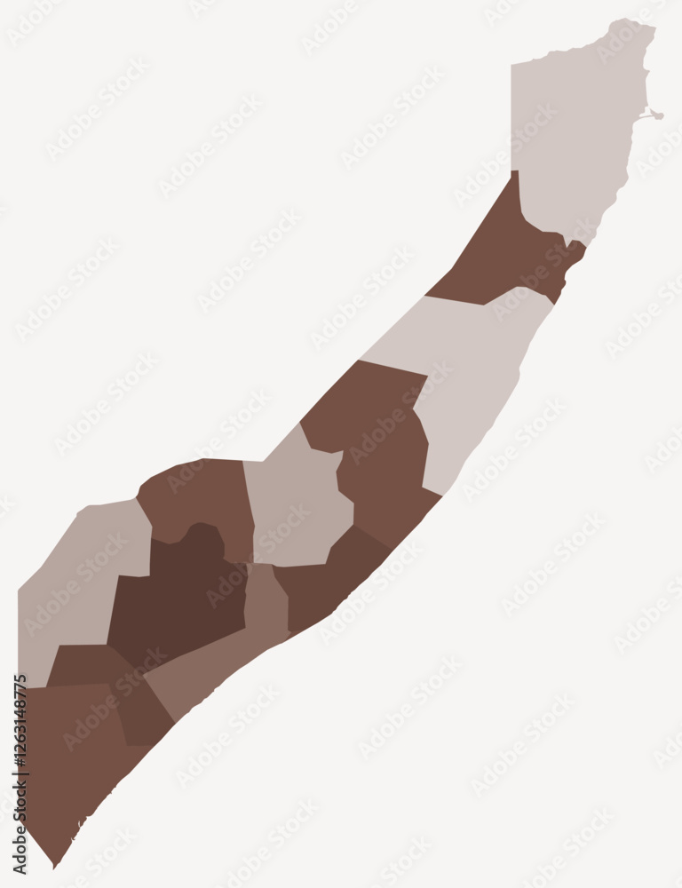 Map of Somalia with regions. Just a simple country border map with region division. Brown color palette. Plain Somalia shape with administrative division. Vector illustration.