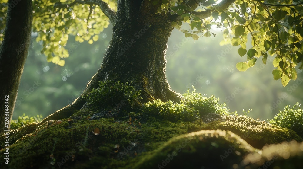 Fototapeta premium A detailed tree with bright green bushes at its roots, glowing in warm sunlight, framed by softly lit trees on either side.