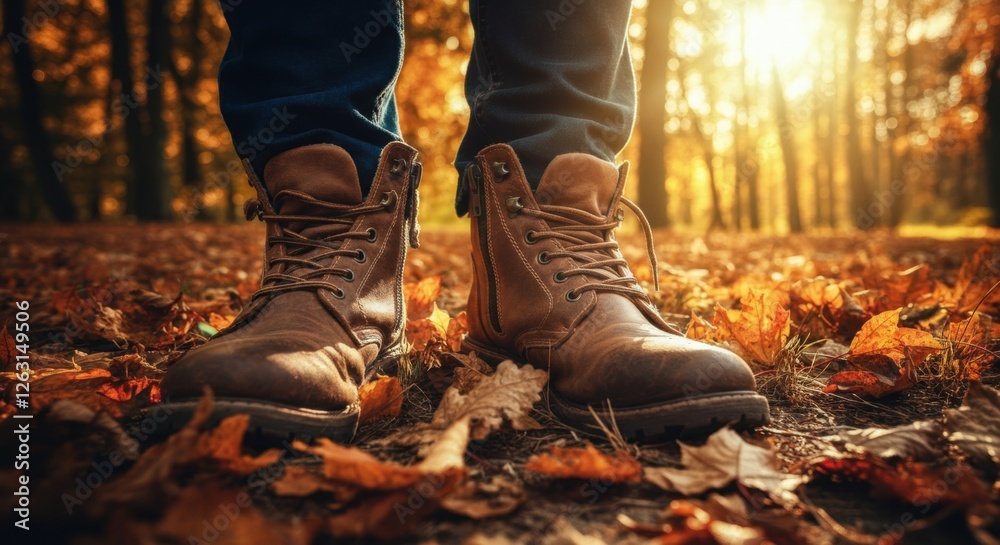 Close-up of boots in autumn forest with fallen leaves at sunset Close-up of boots in autumn forest with fallen leaves at sunset
