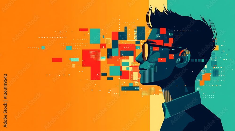 Abstract profile of a person with geometric shapes forming a digital landscape behind them. Abstract profile of a person with geometric shapes forming a digital landscape behind them.