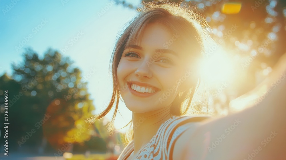 Smiling Young Woman Taking Selfie Under Sunlight Smiling Young Woman Taking Selfie Under Sunlight