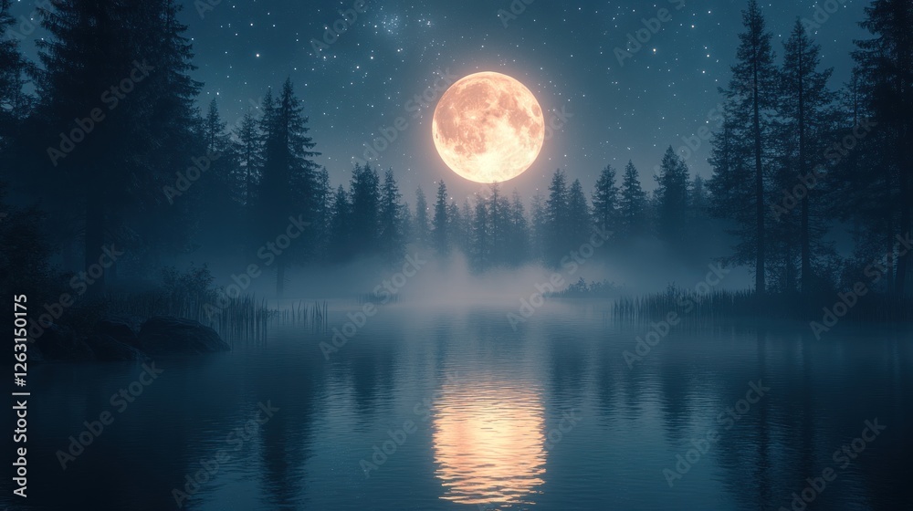 Full Moon Over Misty Forest Lake at Night Full Moon Over Misty Forest Lake at Night