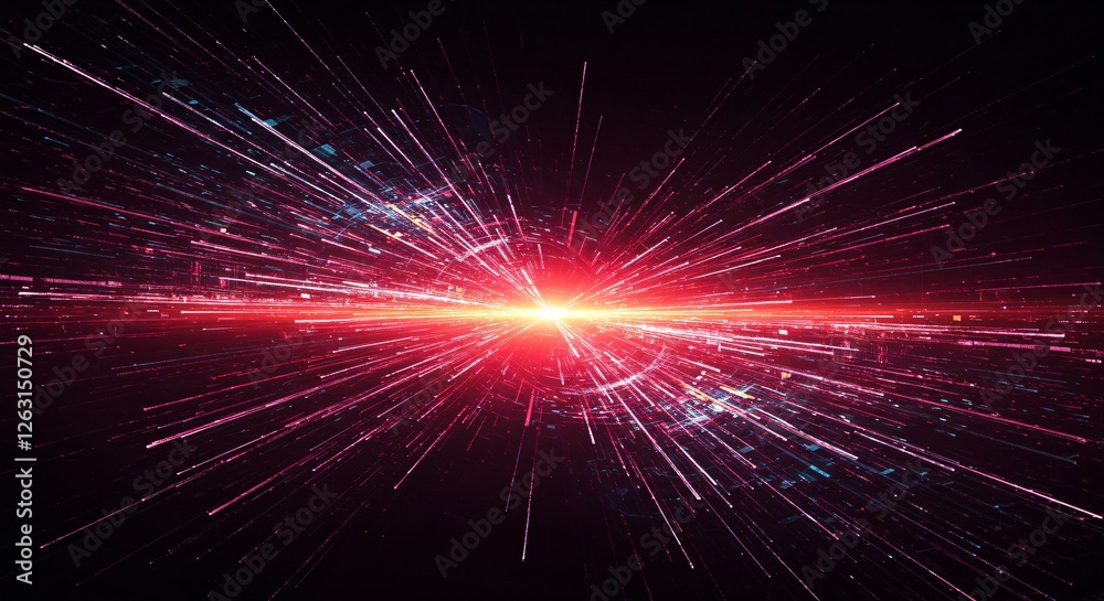 Naklejka premium A radiant burst of red and pink light streaks outward, symbolizing speed, energy, and the vastness of space, evoking the Big Bang, hyperspace, or futuristic digital acceleration.
