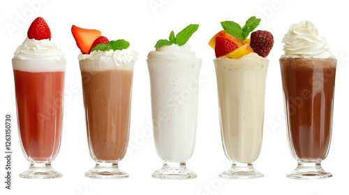 Tall Glasses of Delicious Milk Shakes Topped with Cream and Fruits
