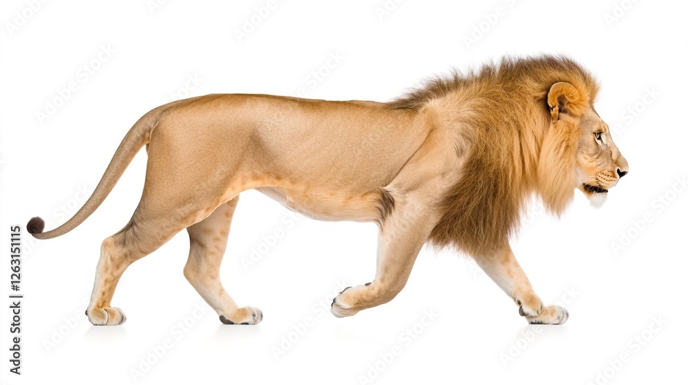 Obraz premium Majestic Lion Walking in Profile on White Background