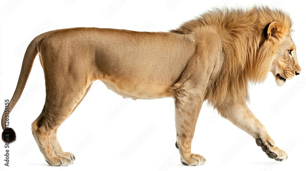Obraz premium Majestic Lion Walking Gracefully on White Background