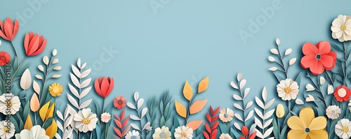 Vibrant Floral Arrangement with Paper Cut Flowers and Leaves on Soft Blue Background