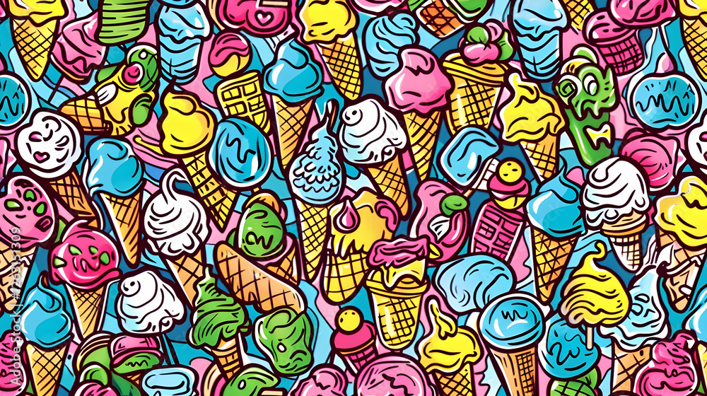 Naklejka premium Colorful and whimsical illustration of various ice cream cones and treats set against a vibrant background