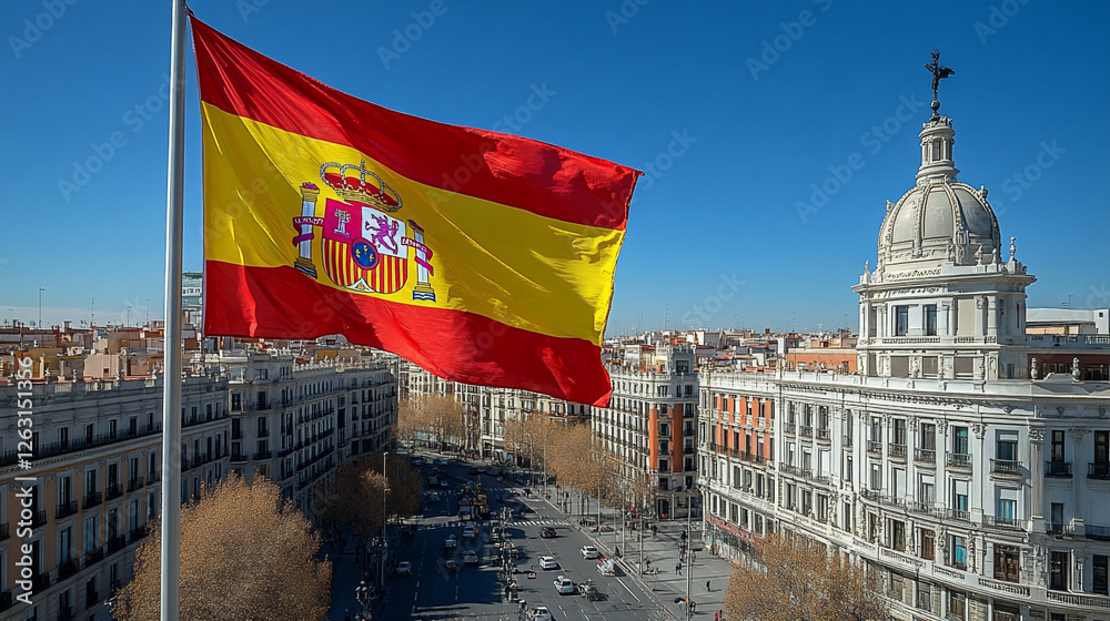 Obraz premium Waving Flag of Spain Against a Clear Blue Sky Over a Bustling Urban Landscape in Madrid