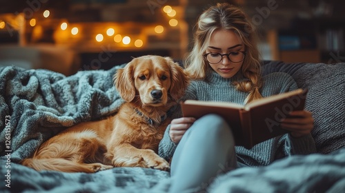 Woman reading book with dog, cozy home, warm lighting