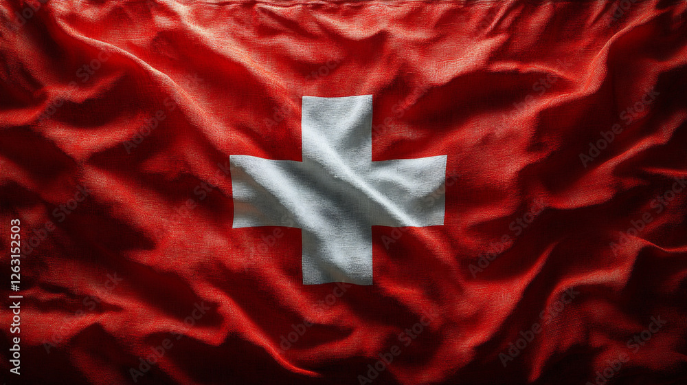 Obraz premium Waving Flag of Switzerland Showcasing Its Iconic Red and White Design Under Bright Sunlight