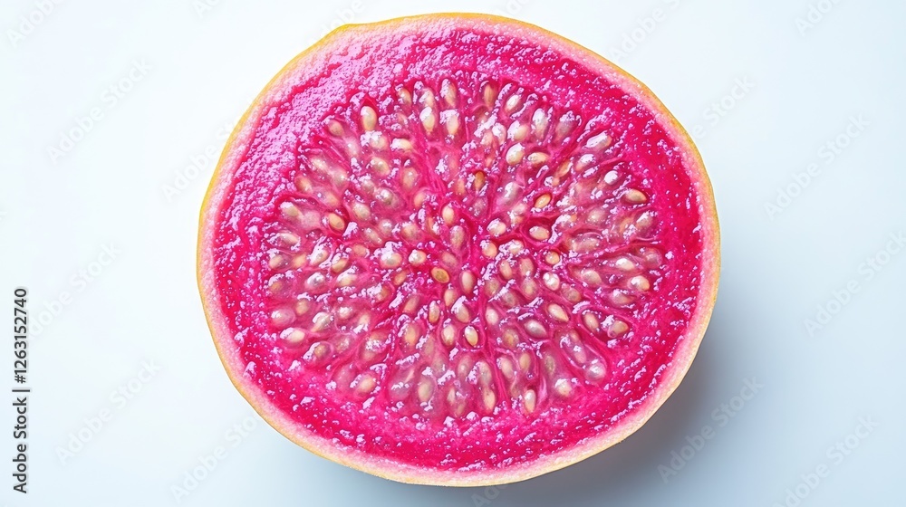 A vibrant pink guava slice reveals its numerous seeds A vibrant pink guava slice reveals its numerous seeds